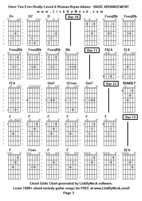 Chord Grids Chart of chord melody fingerstyle guitar song-Have You Ever Really Loved A Woman-Bryan Adams - BASIC ARRANGEMENT,generated by LickByNeck software.